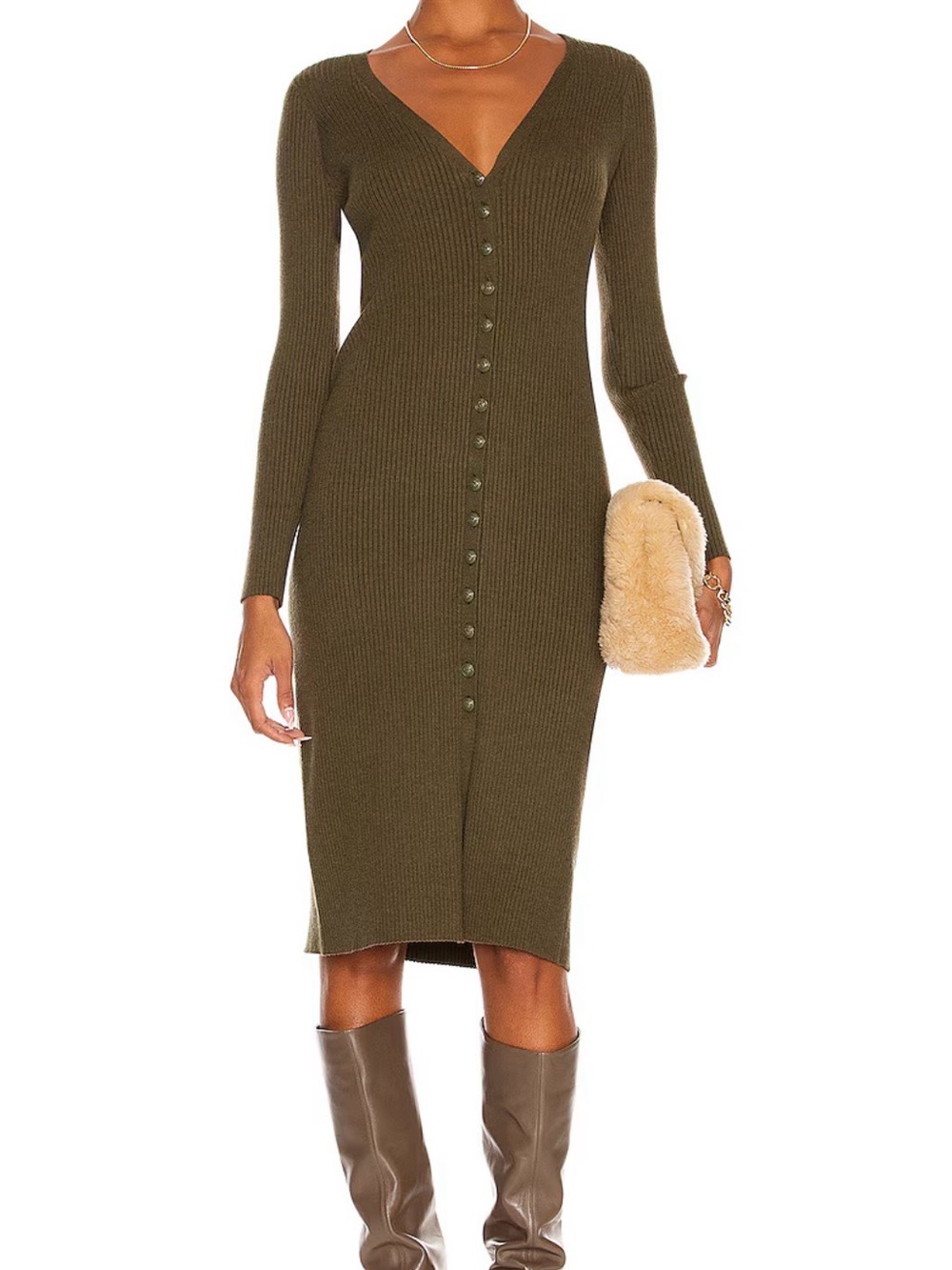 L'AGENCE Olive Ribbed Button-Front V-Neck Midi Dress